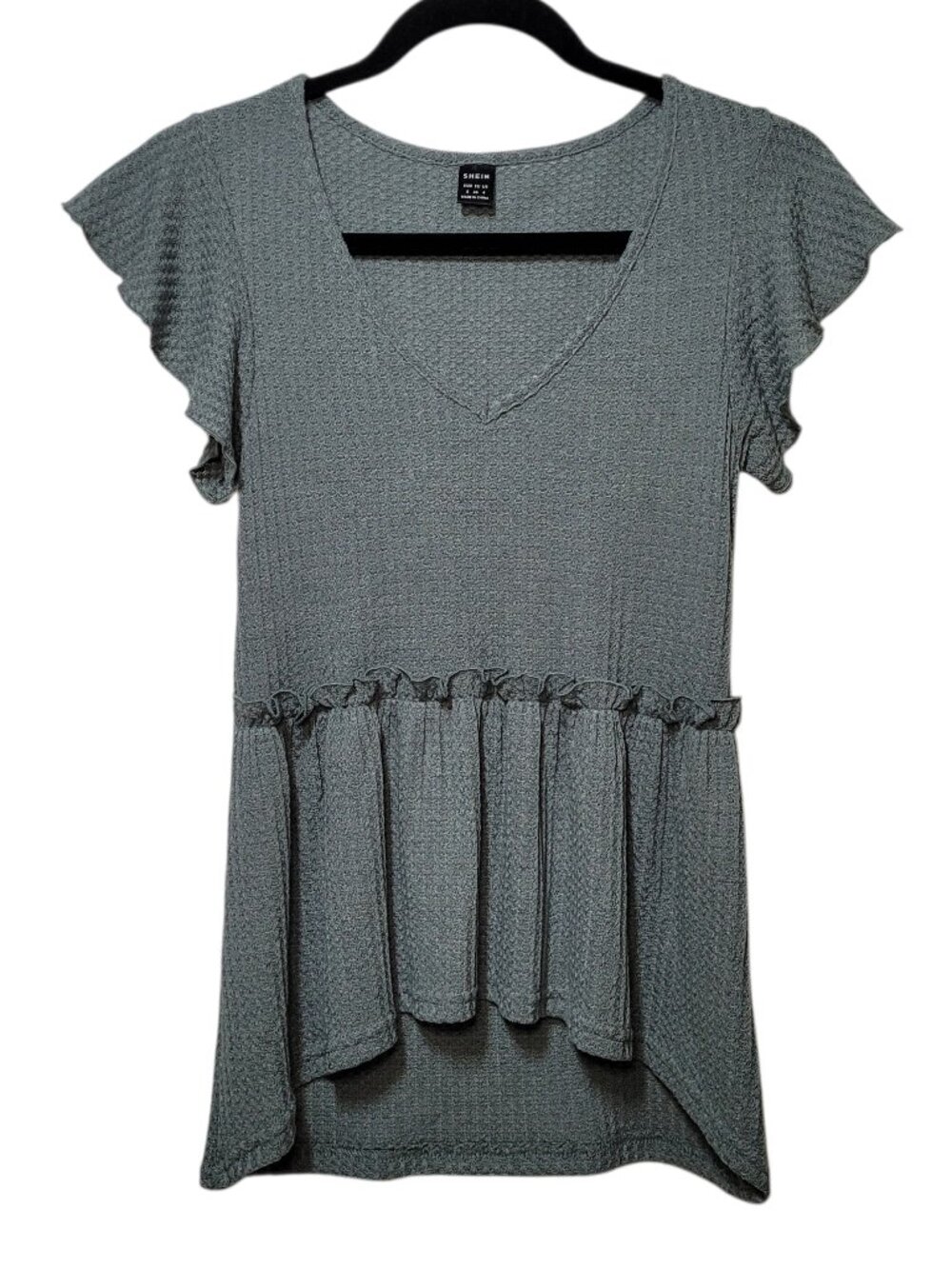 SHEIN Waffle Knit Peplum Top Ruffle Sleeve V-Neck Blouse Small Boho Chic